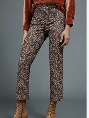 Anthropologie burgundy jacquard floral essential slim career pants size 14 NWT